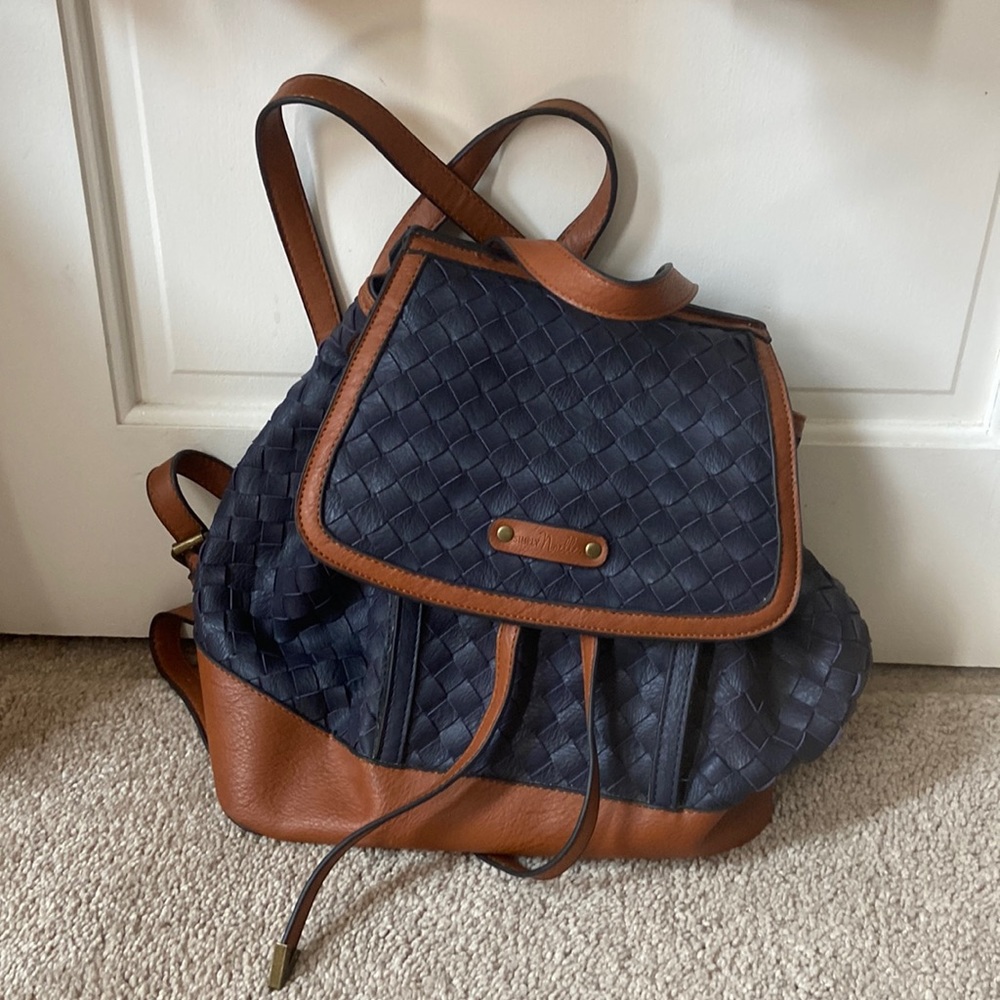 Cute vegan leather backpack, navy and camel